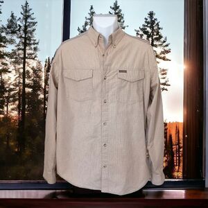 Columbia PFG Plaid Shirt L Omni Shade Long Sleeve Button Up Fishing White Tan